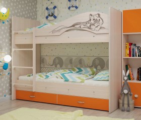 Кровать Мая-Сафари двухъярусная с ящикамиМлечный дуб/Оранжевый в Белокурихе - belokuriha.katalogmebeli.com | фото