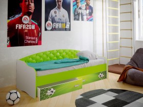 Кровать Софа-8 с мягкой спинкой фотопечать Футбол (900х1900) Белый/Лайм в Белокурихе - belokuriha.katalogmebeli.com | фото